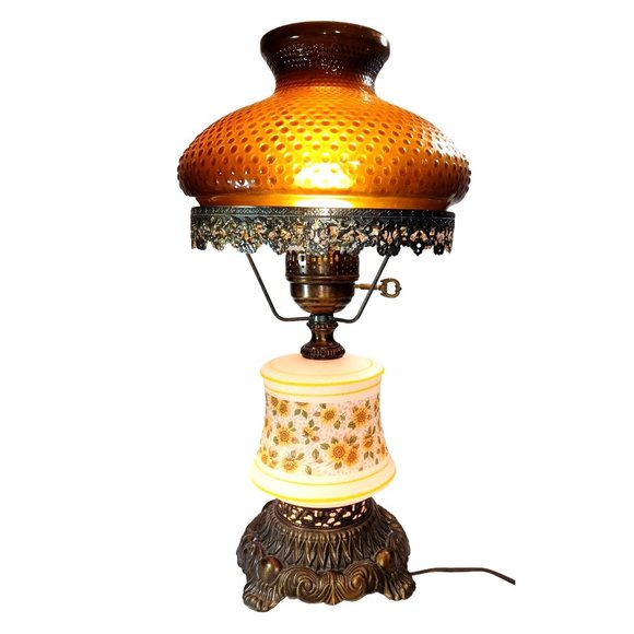 Gone With The Wind Amber Hobnail Glass Daisy 3 Way Electric Hurricane Table Lamp - Picture 7 of 9